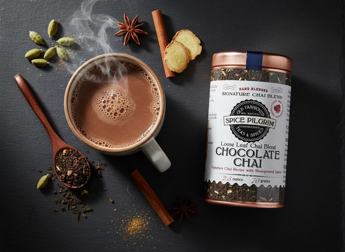 Spice Pilgrim Chocolate Chai with a steaming mug of chai and tea leaves on a dark surface
