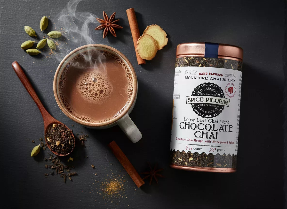 Spice Pilgrim Chocolate Chai loose leaf blend tin beside a steaming mug, with cardamom, cinnamon, star anise, and ginger