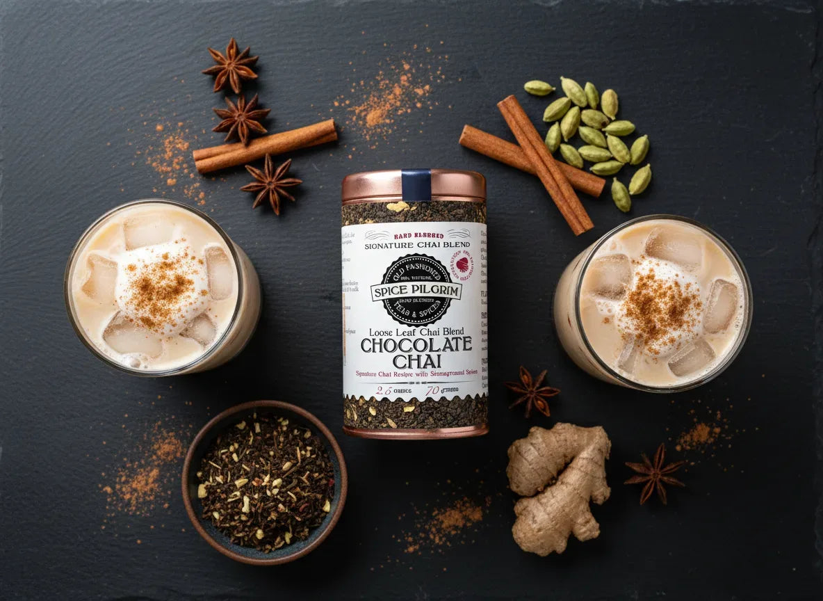 Spice Pilgrim Chocolate Chai loose leaf tin surrounded by iced chai drinks, cinnamon, star anise, cardamom, and ginger