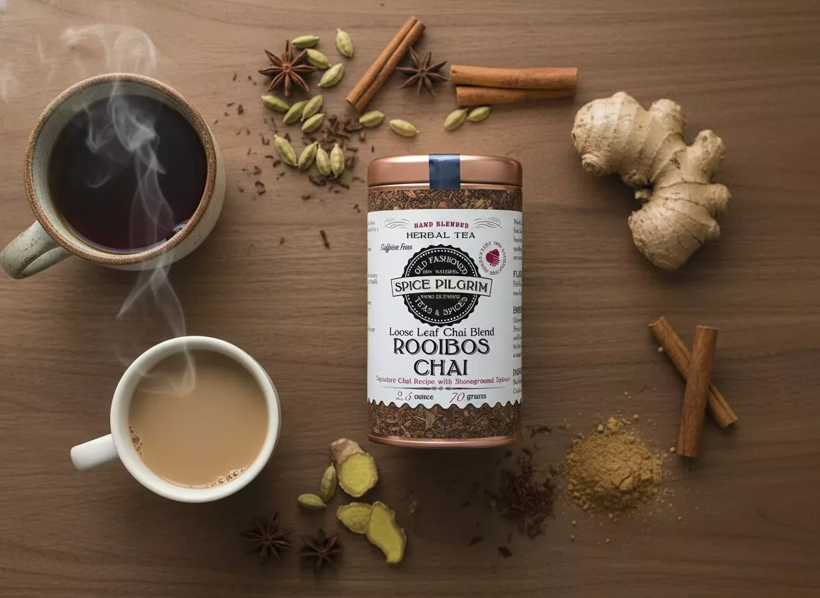 Spice Pilgrim Rooibos Chai loose leaf herbal tea tin surrounded by chai spices, ginger, cinnamon, star anise, and two cups of brewed tea