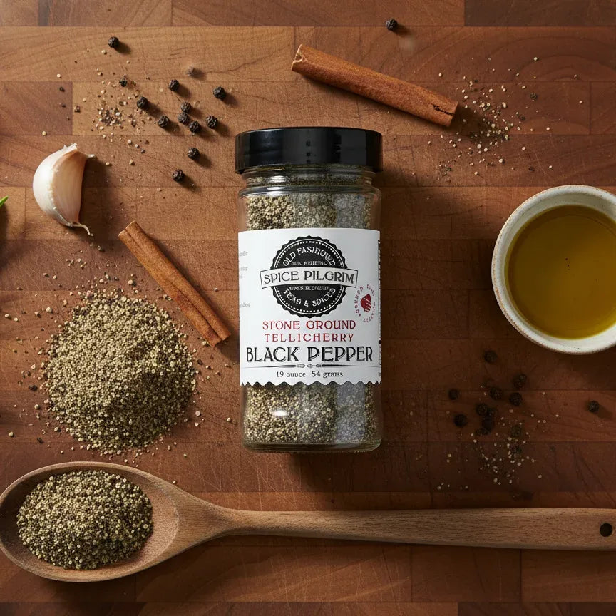 Jar of Spice Pilgrim Stone Ground Tellicherry Black Pepper, surrounded by peppercorns, cinnamon, garlic, and oil