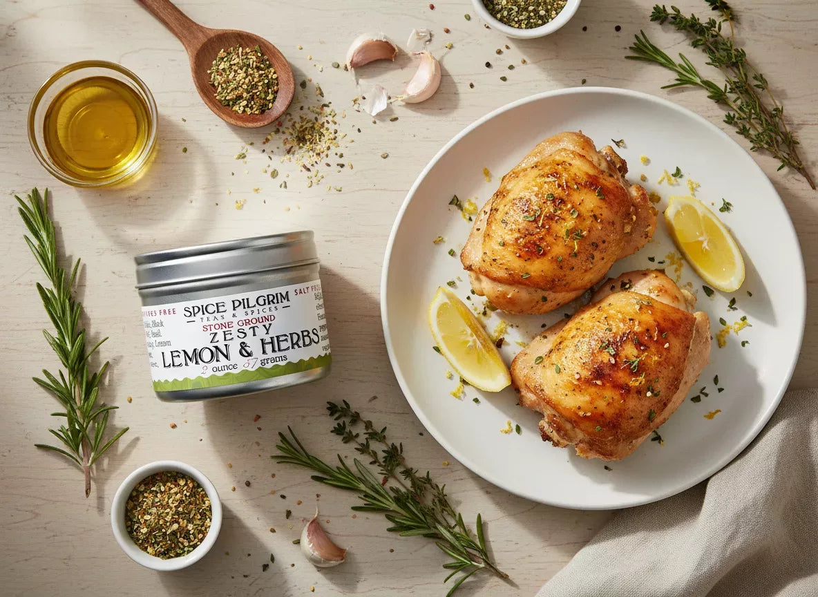 Spice Pilgrim Stone Ground Zesty Lemon & Herbs seasoning tin beside roasted chicken thighs garnished with lemon and fresh herbs