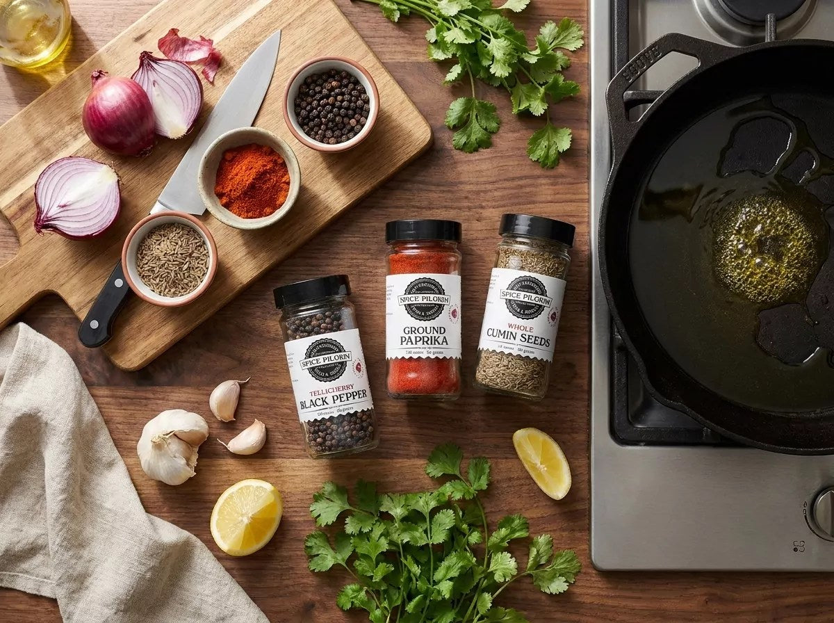 Spices and ingredients on a wooden cutting board with a stove in the background